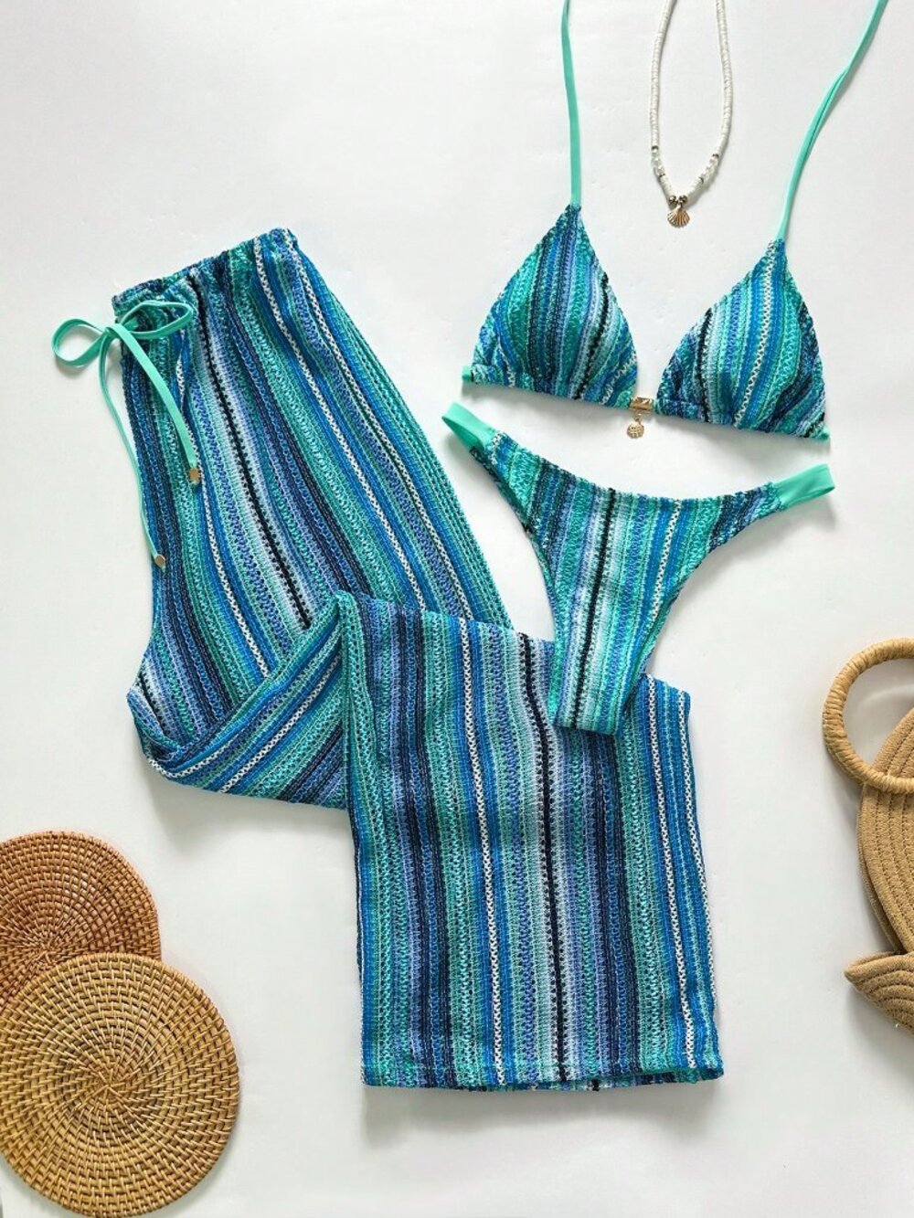 Multicolor Casual Women's Striped Bikini And Pants Set